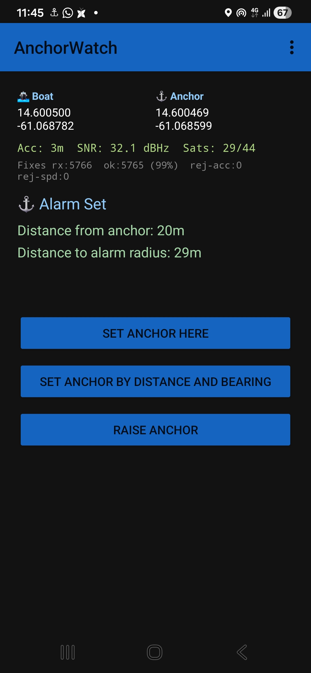 Sleepy Sailor showing an armed alarm with live distance from anchor and distance to alarm radius