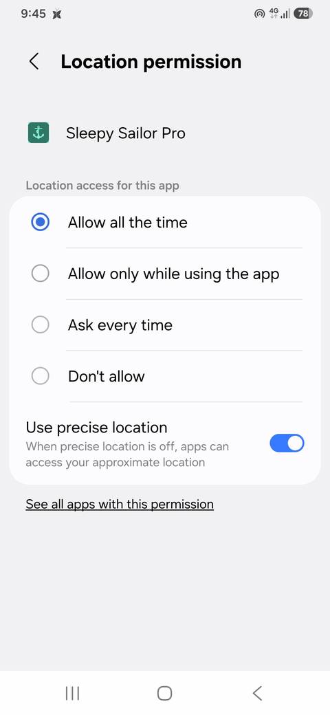 Android location permission screen set to Allow all the time