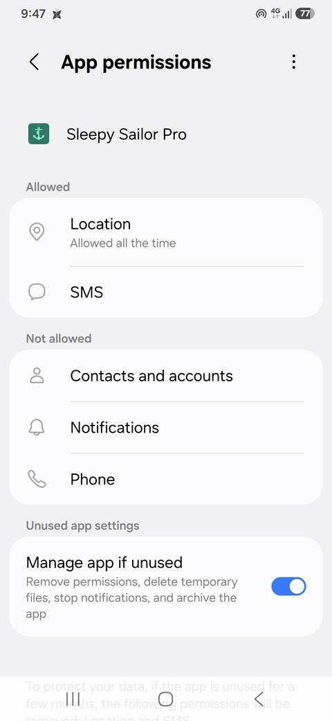 Android app permissions list showing Location and SMS allowed, Contacts, Notifications, and Phone not allowed