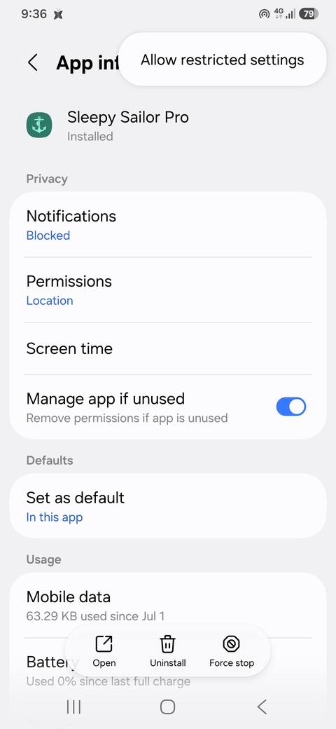 Android app info screen with the Allow restricted settings option
