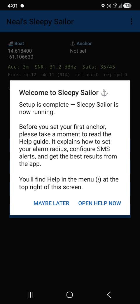 Sleepy Sailor welcome dialog confirming setup is complete