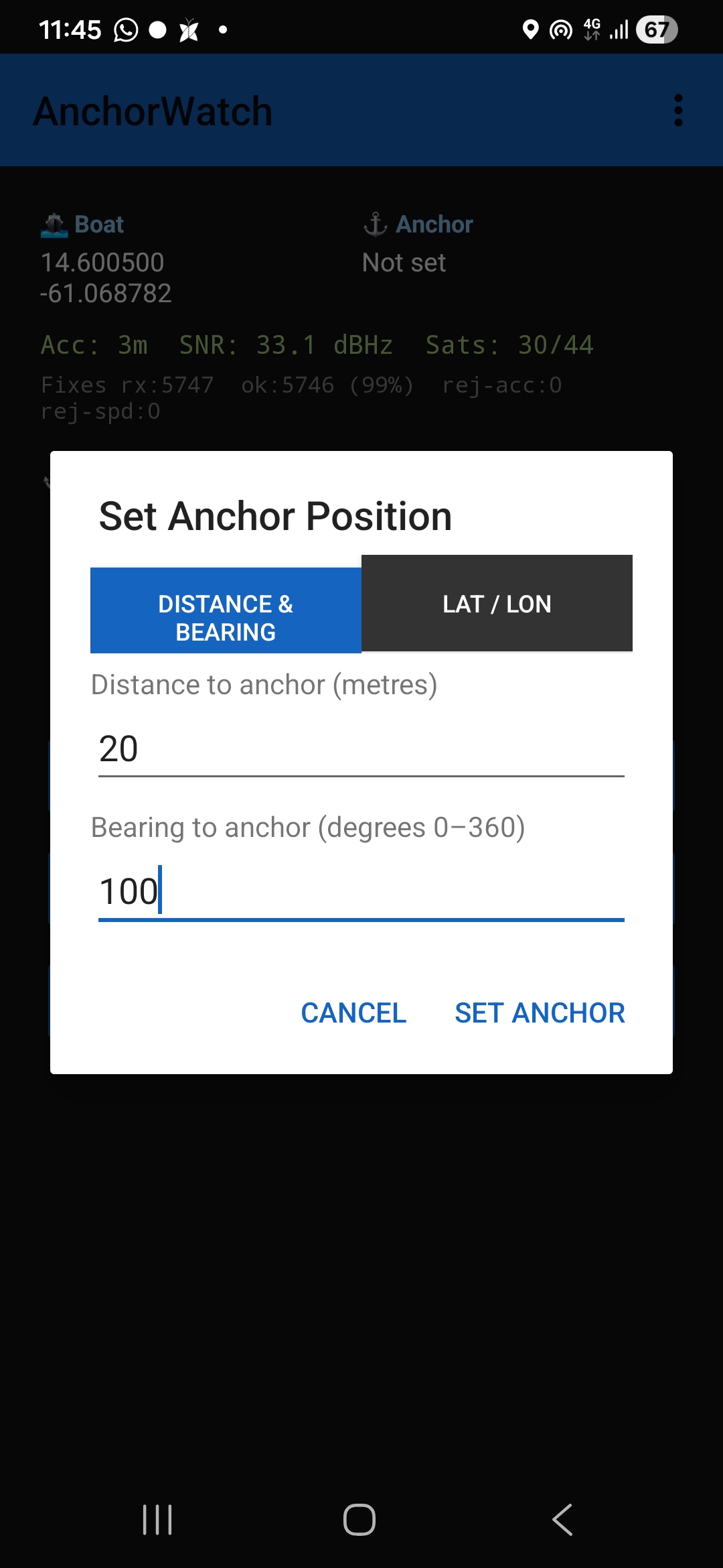 Setting the anchor position by distance and bearing in Sleepy Sailor